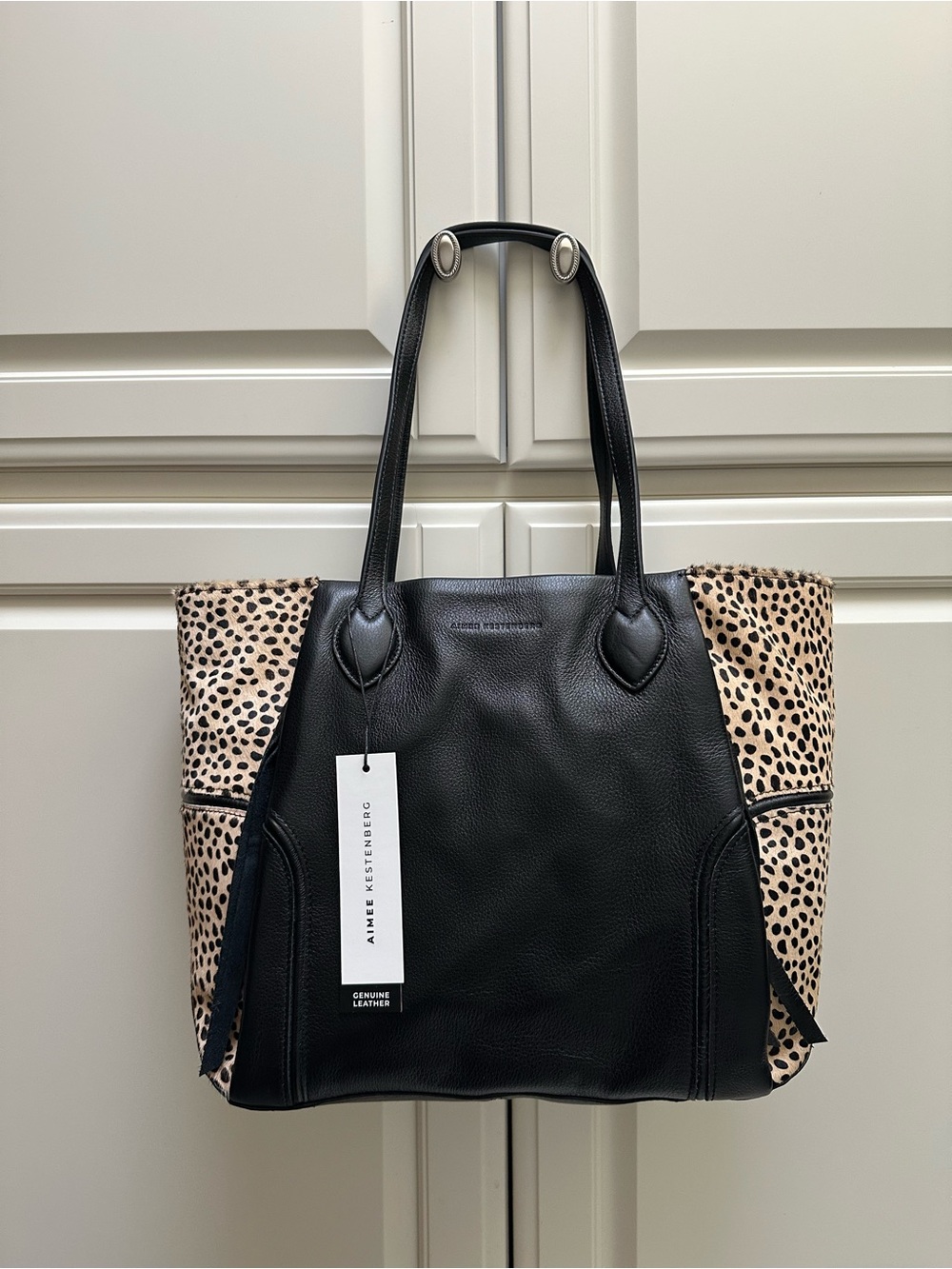 Aimee Kestenberg Black Leather Tote with Leopard-Print Panels